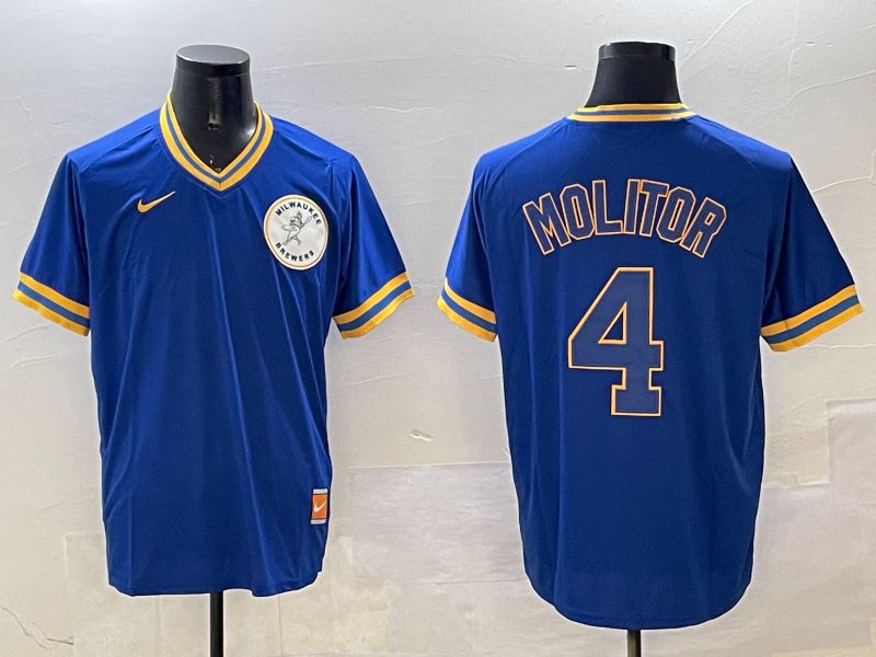 Men Milwaukee Brewers #4 Molitor Blue Throwback Game 2025 Nike MLB Jersey style 1